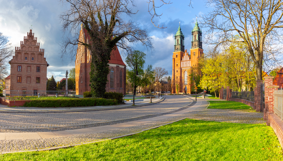 Panoramic view of the Cathedral of the Most Holy Theotokos on Tumskiy Island in the evening. Poznan. Poland.